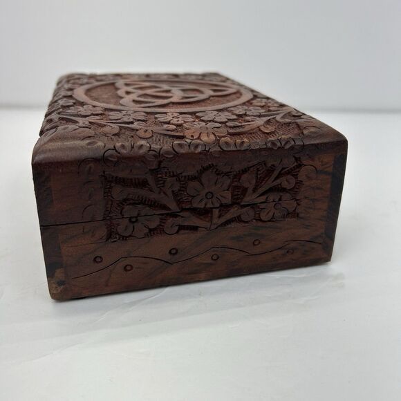 Triquetra Celtic Floral Hand Carved Wooden Trinket Keepsake Box Gemstones - Picture 4 of 16